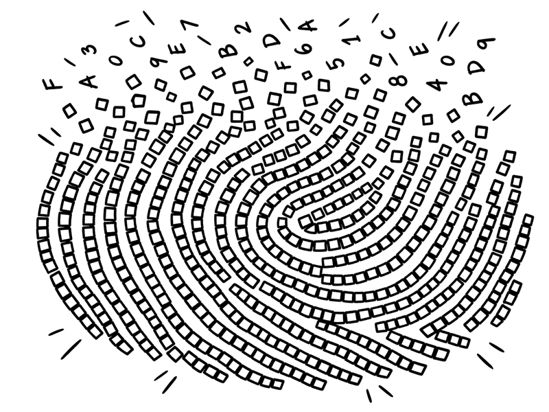 A fingerprint whose ridges are made of small grid squares; at the top they break apart into scattered squares and hexadecimal characters.