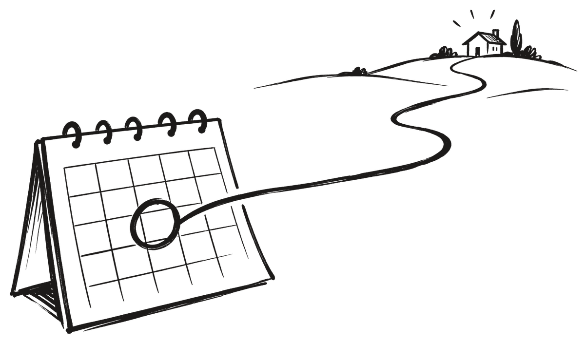 Una hoja de calendario con un único día rodeado con un círculo y una línea que parte de él hacia el horizonte, hacia una casa lejana.