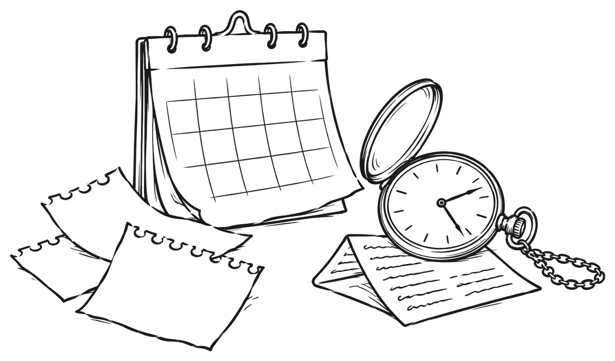 Un calendario de pared con varias hojas arrancadas y un reloj de bolsillo abierto apoyado sobre una chuleta doblada.