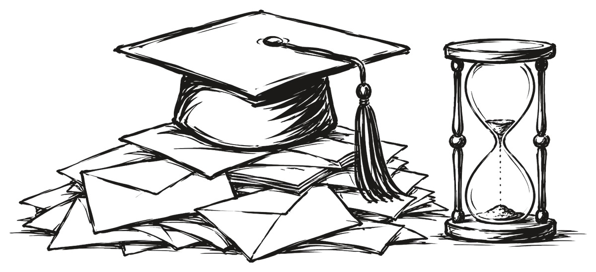 Un birrete de graduación sobre un montón de cartas.