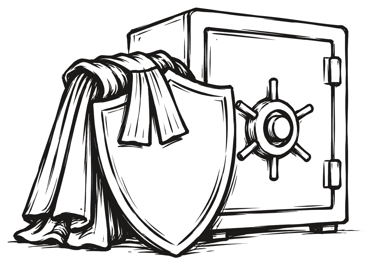 Un escudo apoyado delante de una caja fuerte, y una toga doblada sobre él.