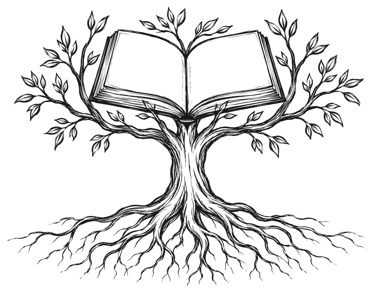 Un árbol con raíces profundas cuyas ramas sostienen un libro de leyes abierto.