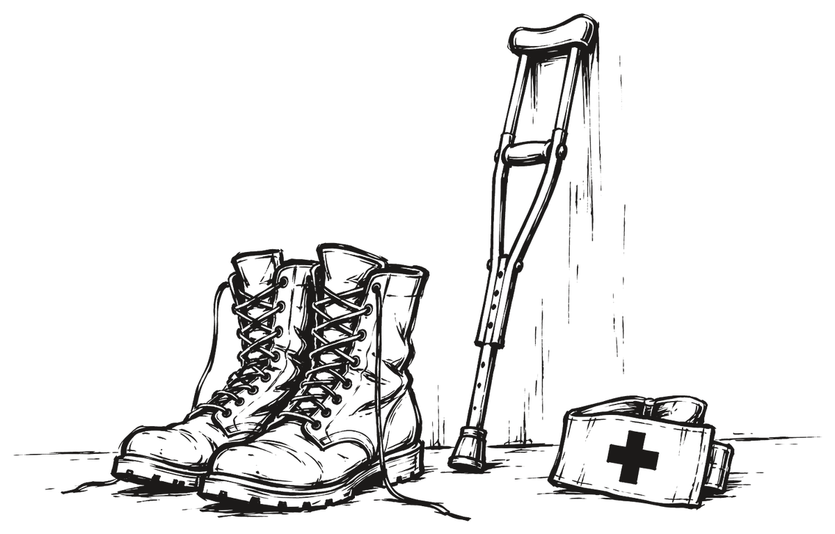 Unas botas militares junto a una muleta apoyada en la pared y un brazal con una cruz sencilla.