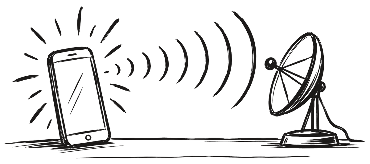 Un teléfono móvil que emite ondas como un pequeño sol, captadas por una antena de radio en la mesa.