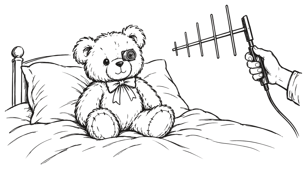 Un osito de peluche sobre una cama con un pequeño objetivo de cámara en el ojo, y una antena de mano que lo apunta.