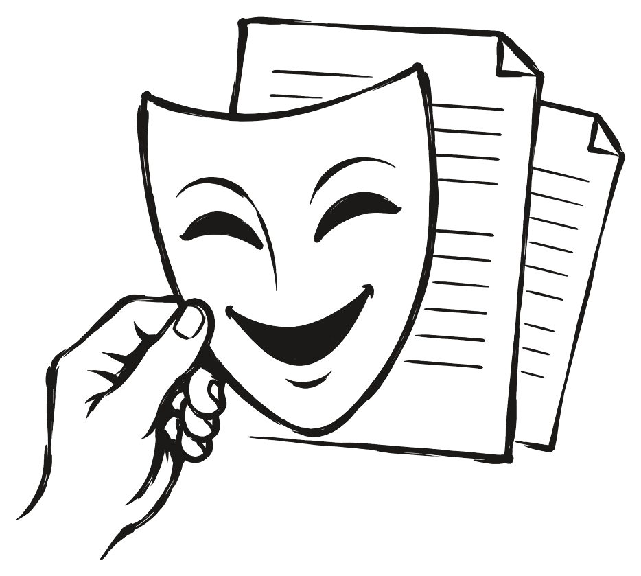 Una máscara de teatro sostenida delante de un documento.