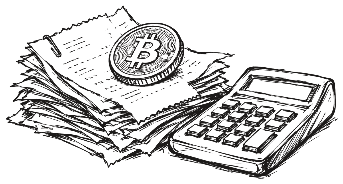 Una moneda de criptomoneda sobre una pila de recibos grapados y una calculadora antigua.