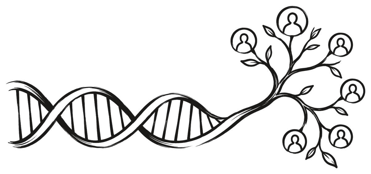 Una doble hélice de ADN que se convierte, en su extremo, en las ramas de un pequeño árbol genealógico.
