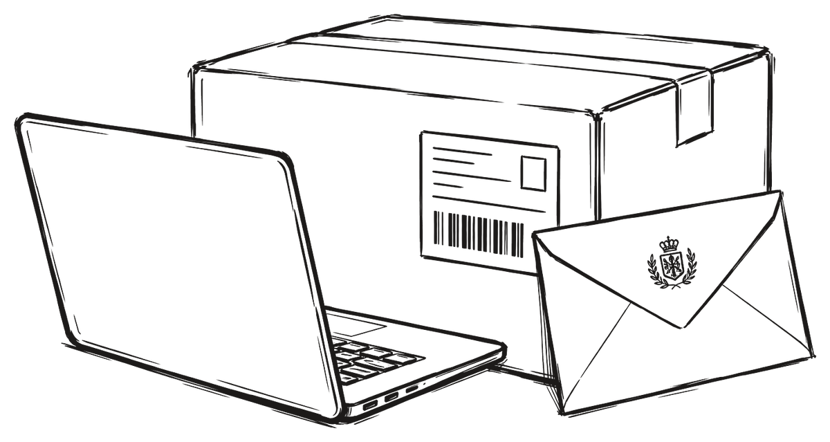 Una caja de envío con una etiqueta y, apoyados contra ella, un portátil y un sobre oficial con membrete sin texto.