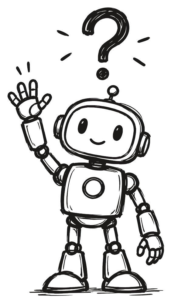 Un robot sencillo y amable con la mano levantada, como quien pide la palabra, y un gran signo de interrogación sobre la cabeza.