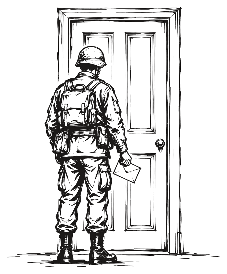 Un soldado de pie, de espaldas, ante una puerta con un sobre en la mano.