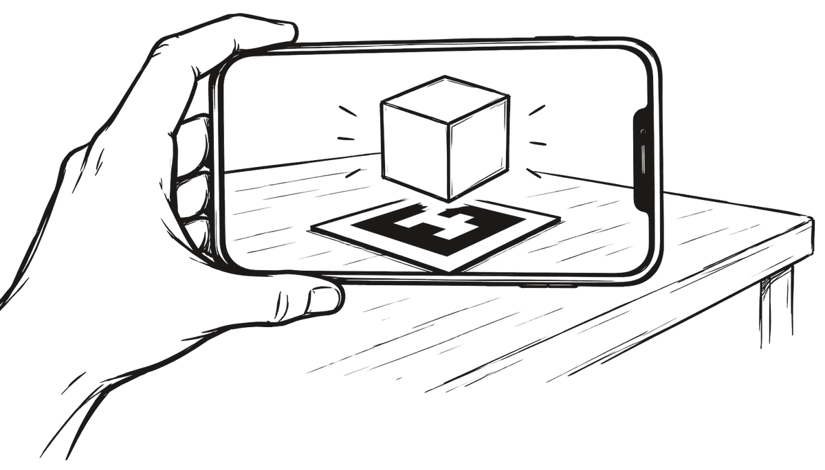 Un marcador cuadrado de realidad aumentada sobre una mesa con un cubo flotando encima, visto a través de la pantalla de un móvil.