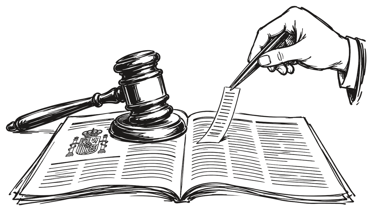 Un mazo de subastador sobre un periódico oficial abierto, del que una mano con pinzas extrae una línea de texto.